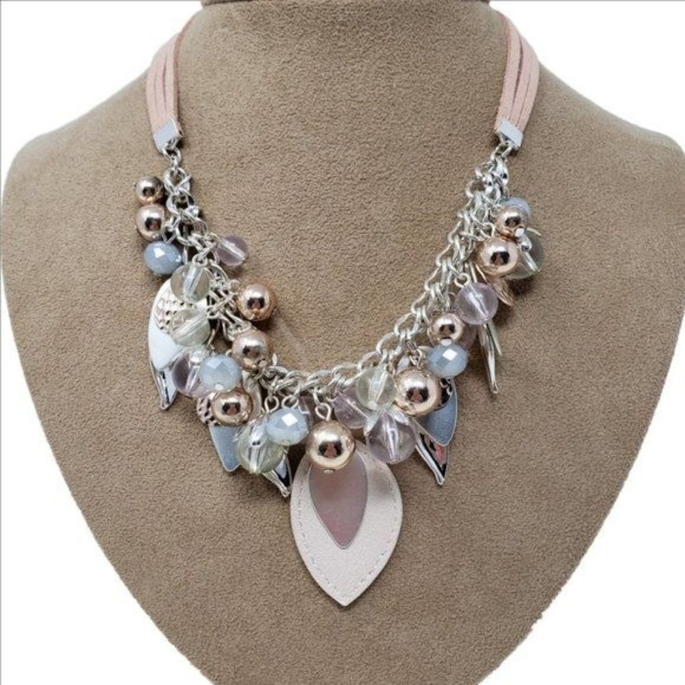 Blush Pink Leather Beads & Pearls on Silver Chain Statement Necklace